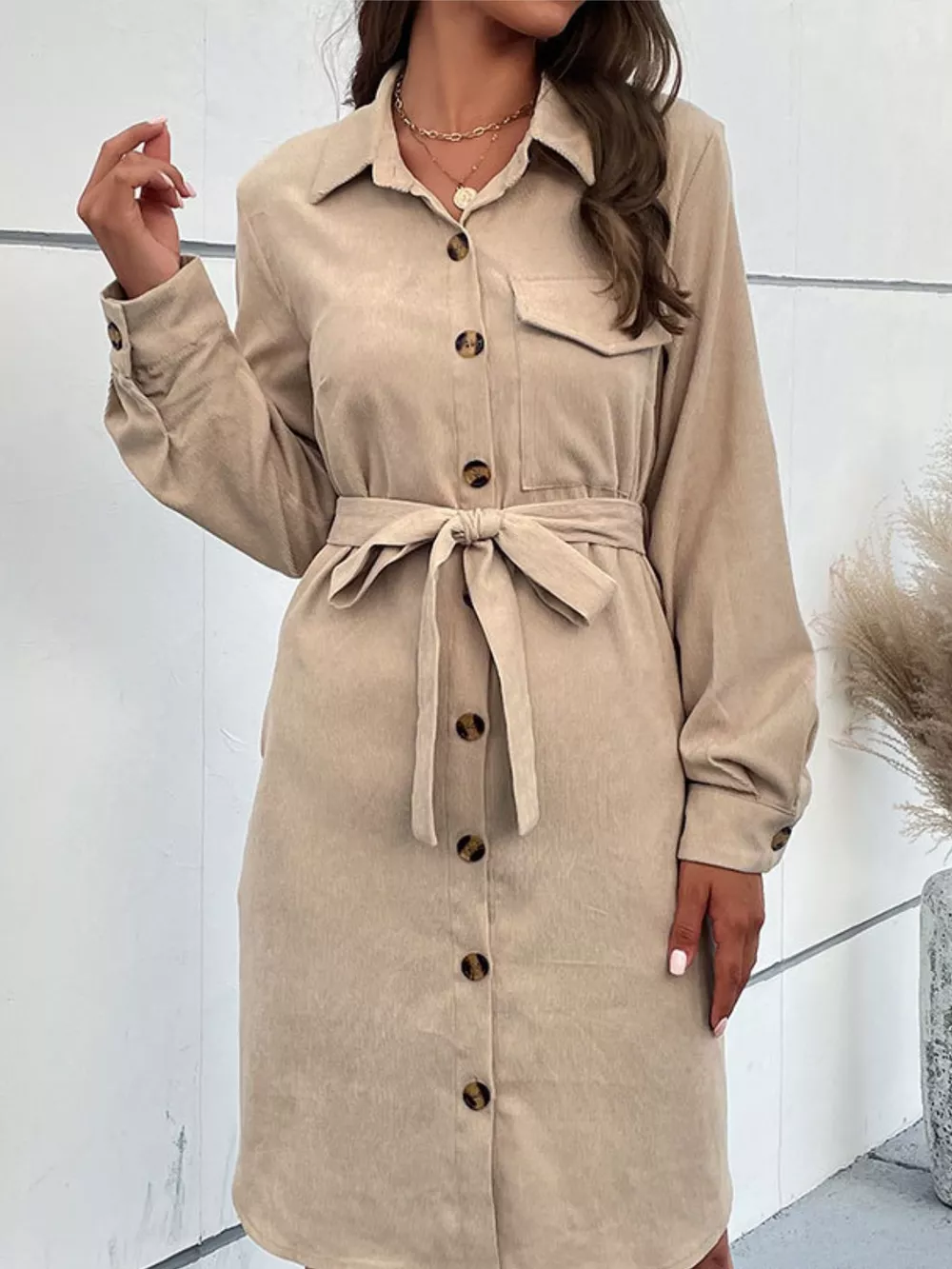 Button-Front Tie Waist Shirt Dress, image 2