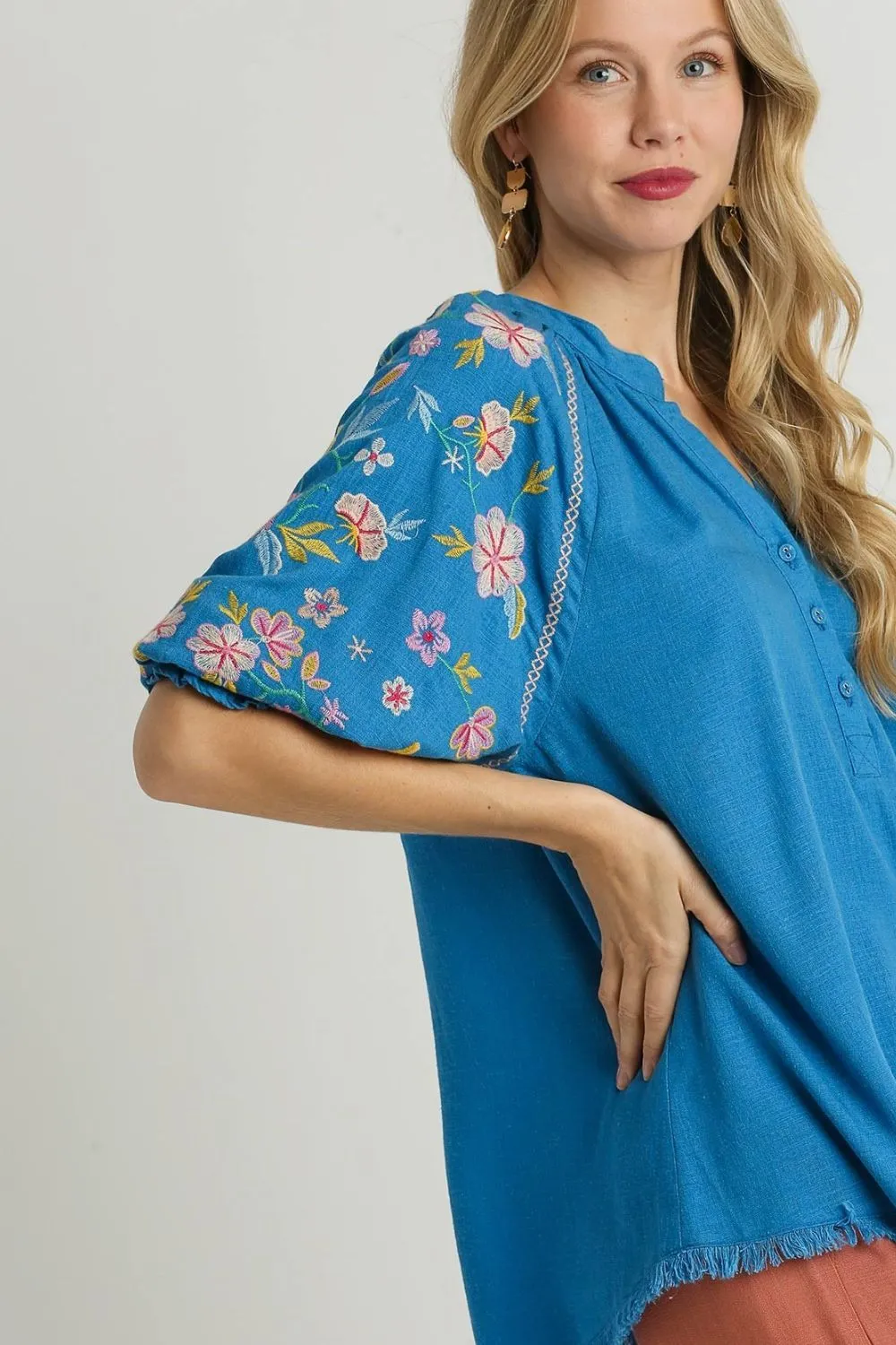 Full Size Half Button Top with Embroidery Sleeves Plus Size, image 2