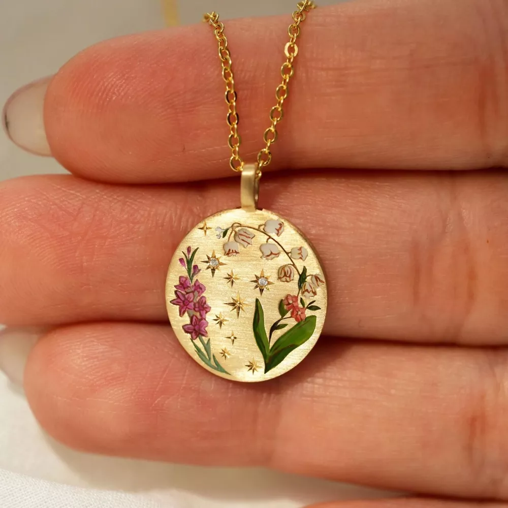 Titanium Steel Painted Oil Dripping Floral Oval Tarot Necklace, image 3