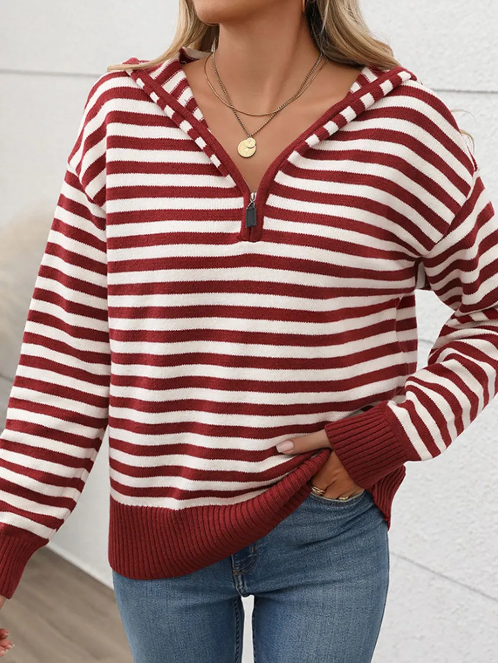Striped Long Sleeve Hooded Sweater, image 6
