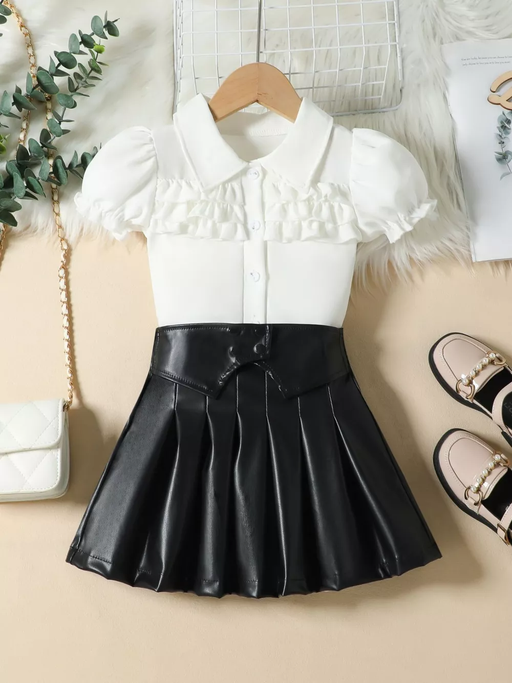 Children's Ruffle Trim Puff Sleeve Top & Pleated Skirt Set, image 2