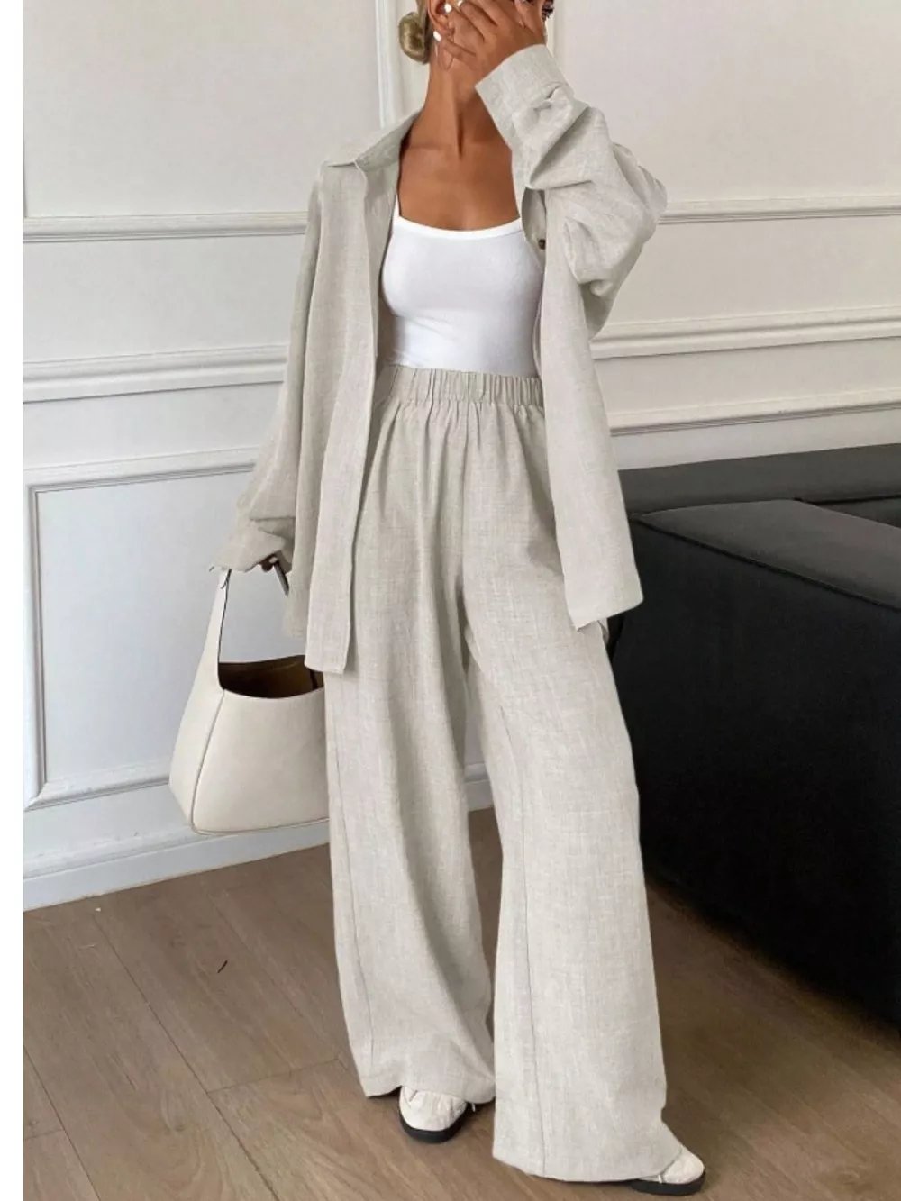 Button Up Long Sleeve Shirt and Wide Leg Pants Set, image 2