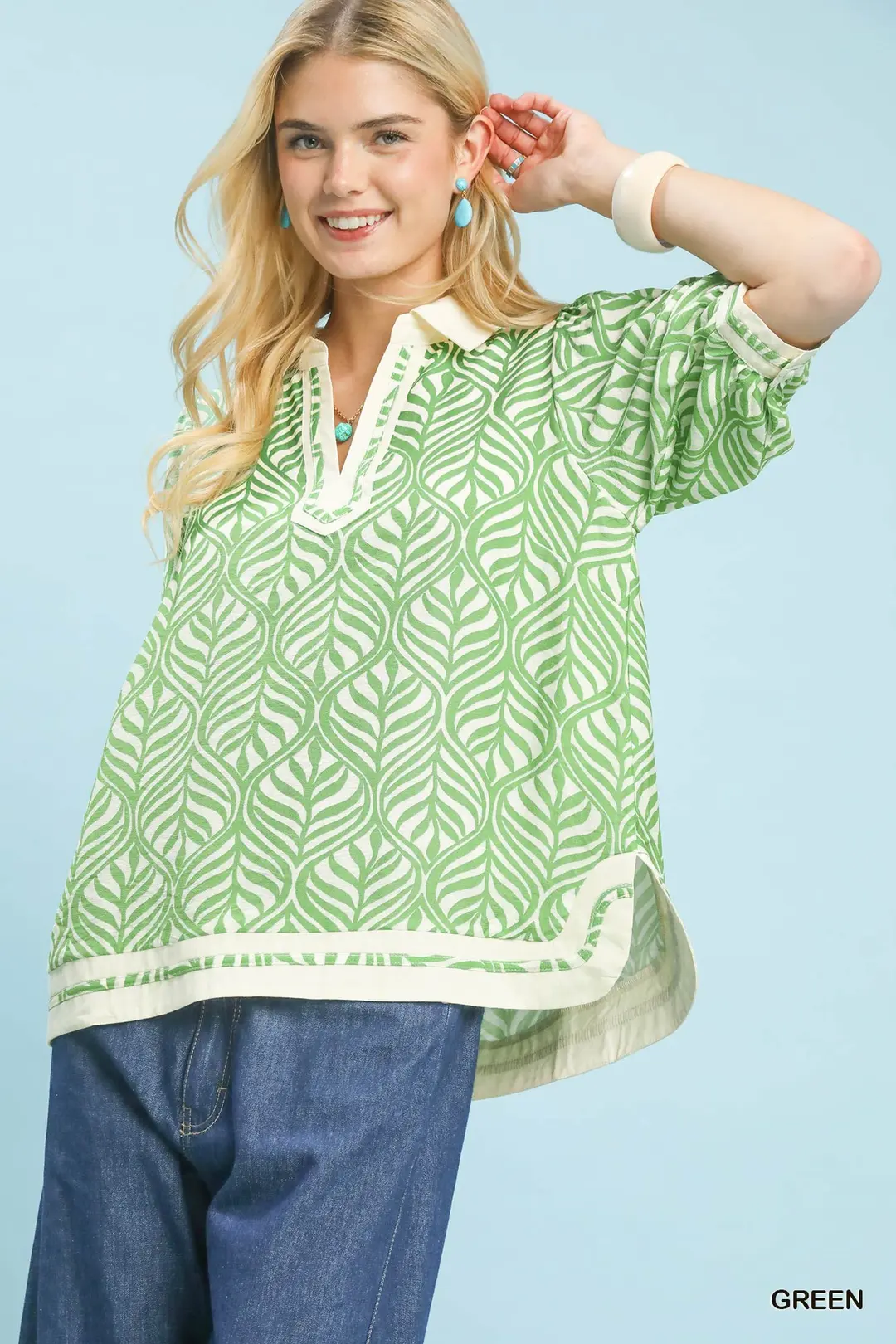 Geometric Leaf Print Popover Top