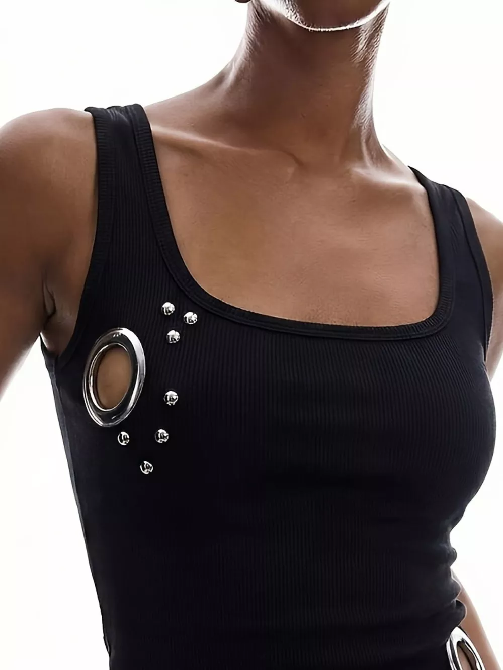 Ribbed Tank Top with Metal Grommet Cutouts and Stud Embellishments, image 2