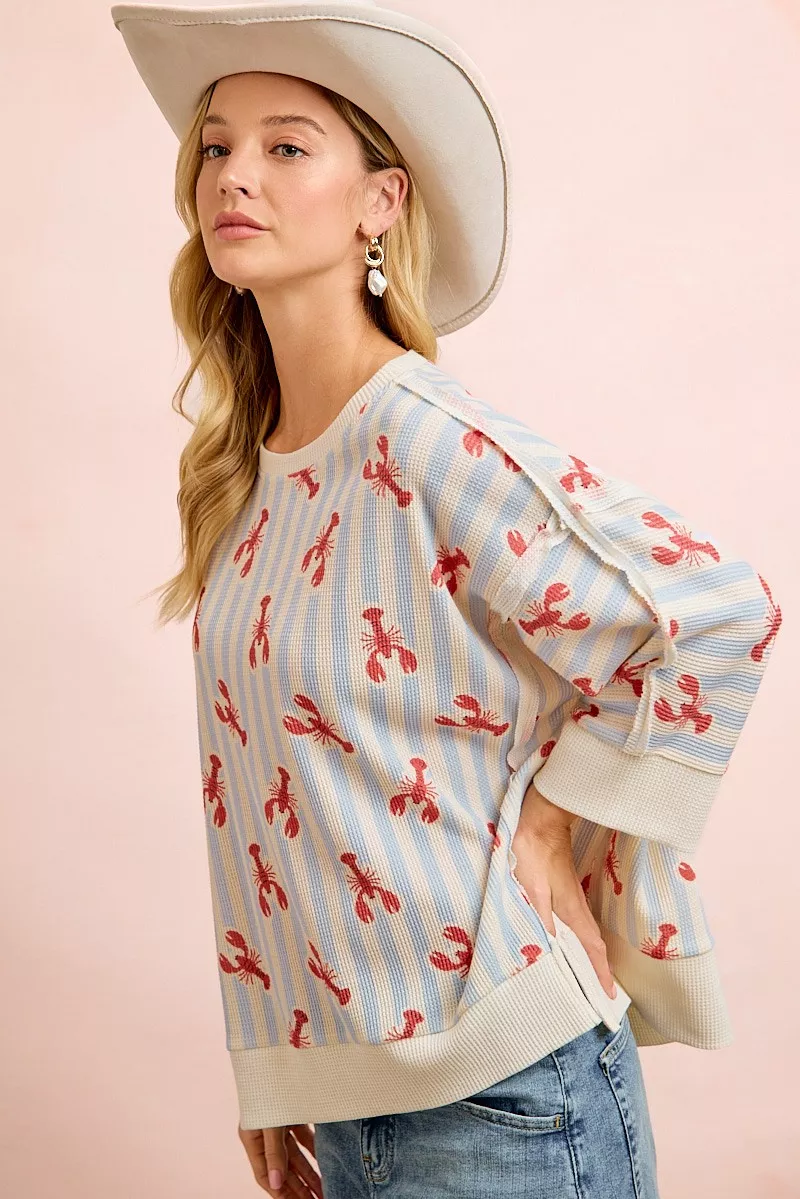 4th Of July Lobsters Stripe Waffle Knit Sleeve Top, image 4
