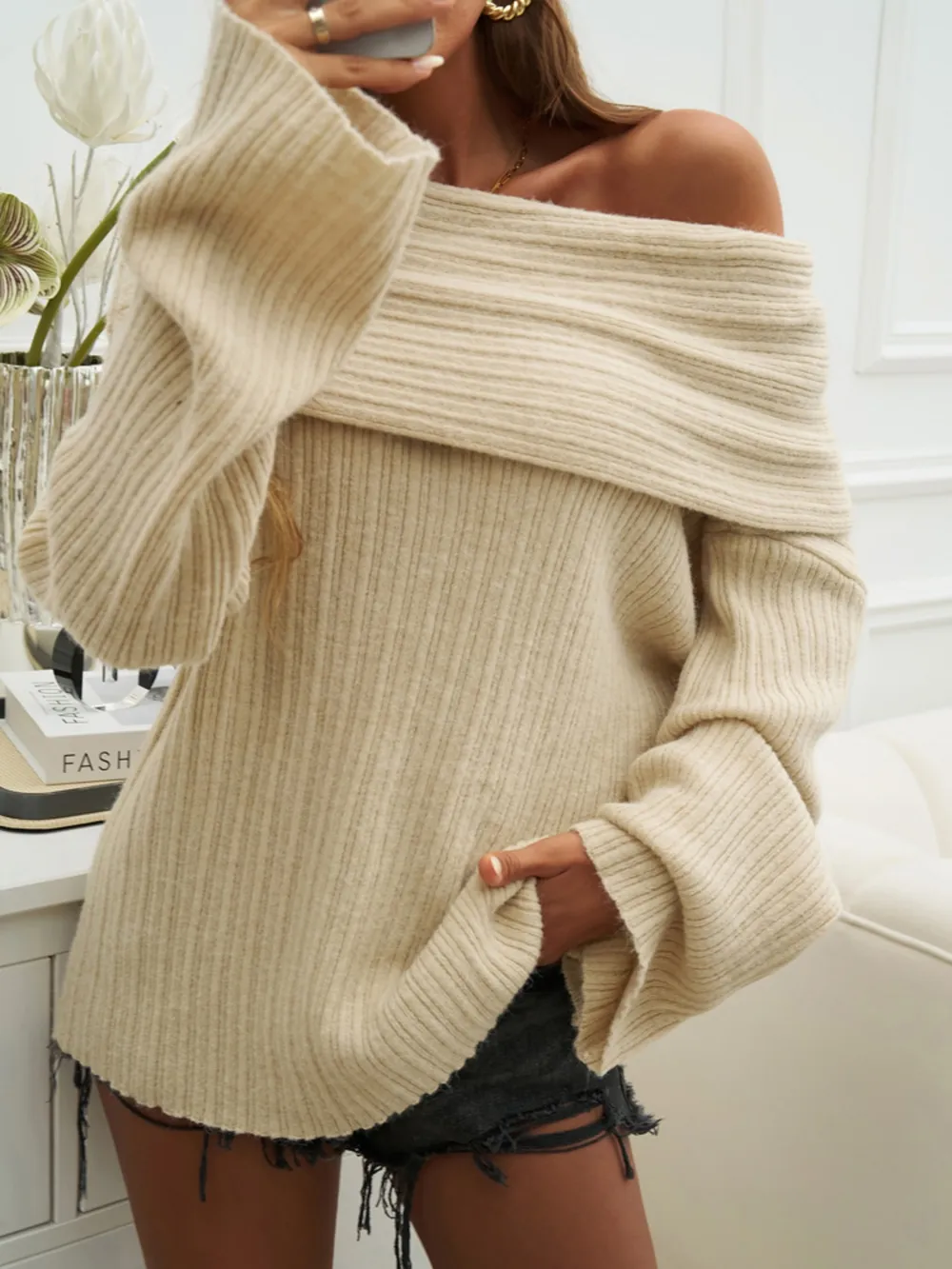 Off-Shoulder Extra-Long Sleeve Sweater, image 6