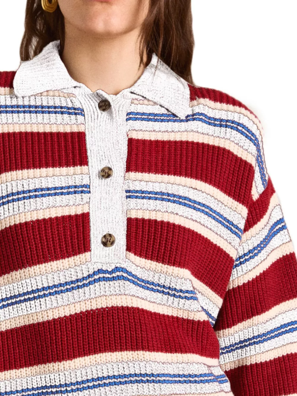 Striped Button Detail Polo Collar Sweater, image 12