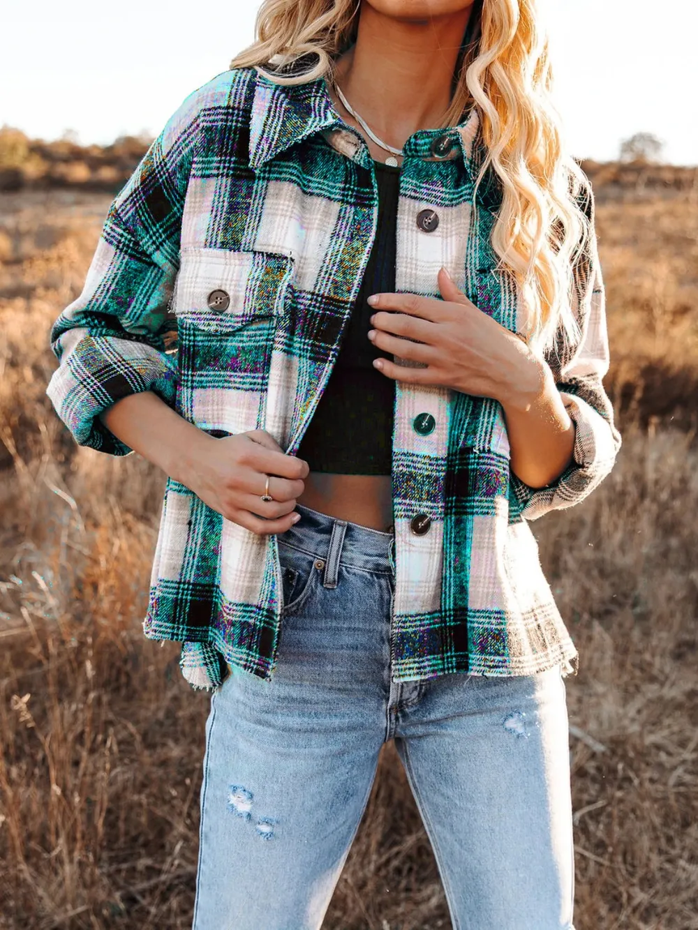 Pocketed Plaid Button Down Long Sleeve Shacket, image 6