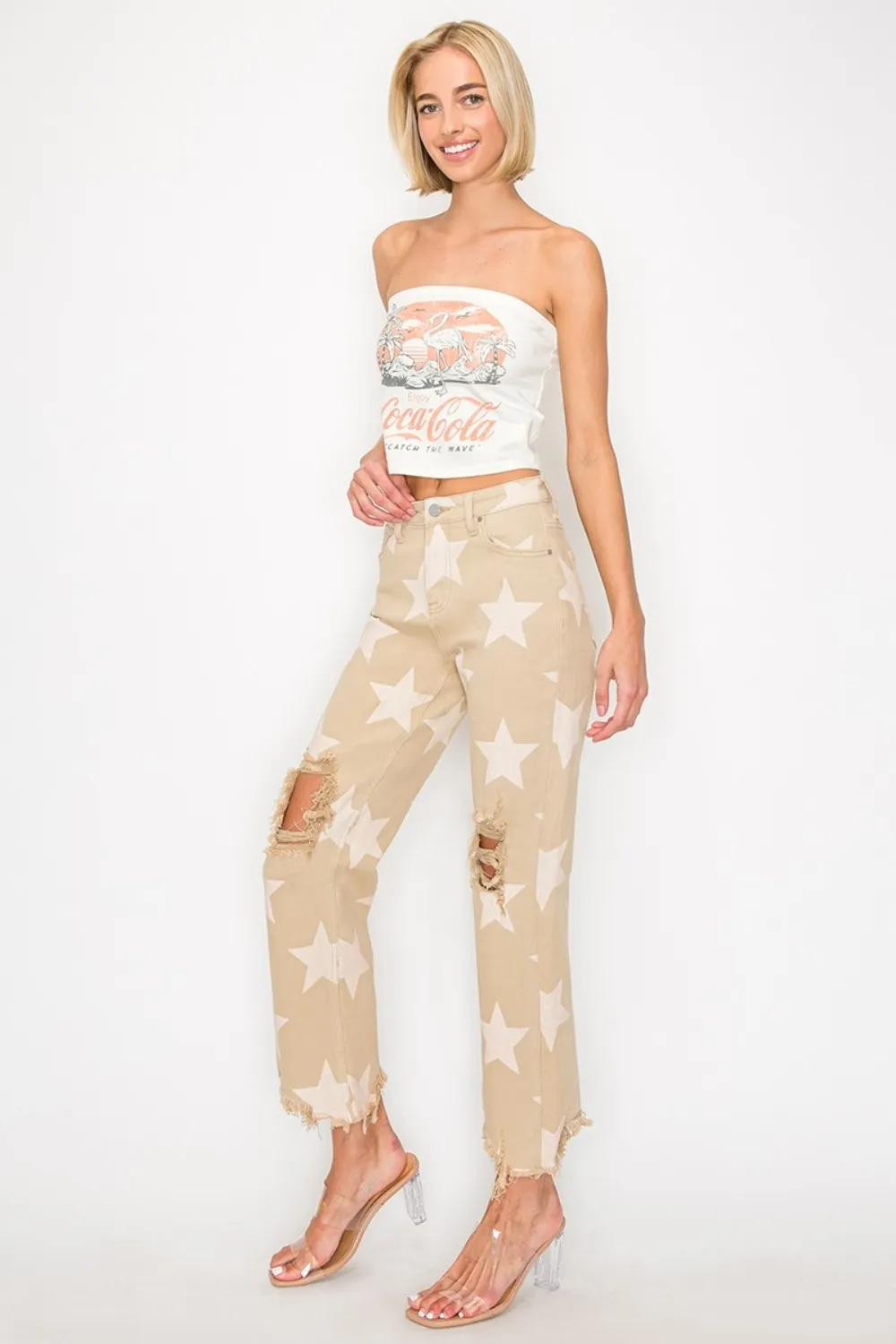 Full Size High Rise Star Printed Frayed Hem Jeans, image 4