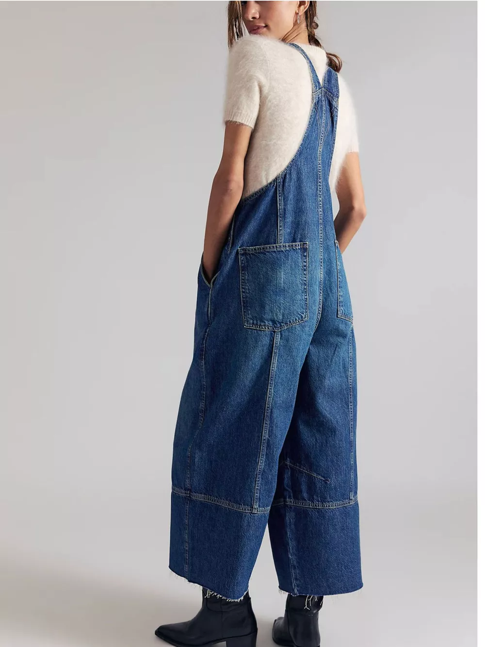 Raw Hem Wide-Leg Denim Overalls, image 8