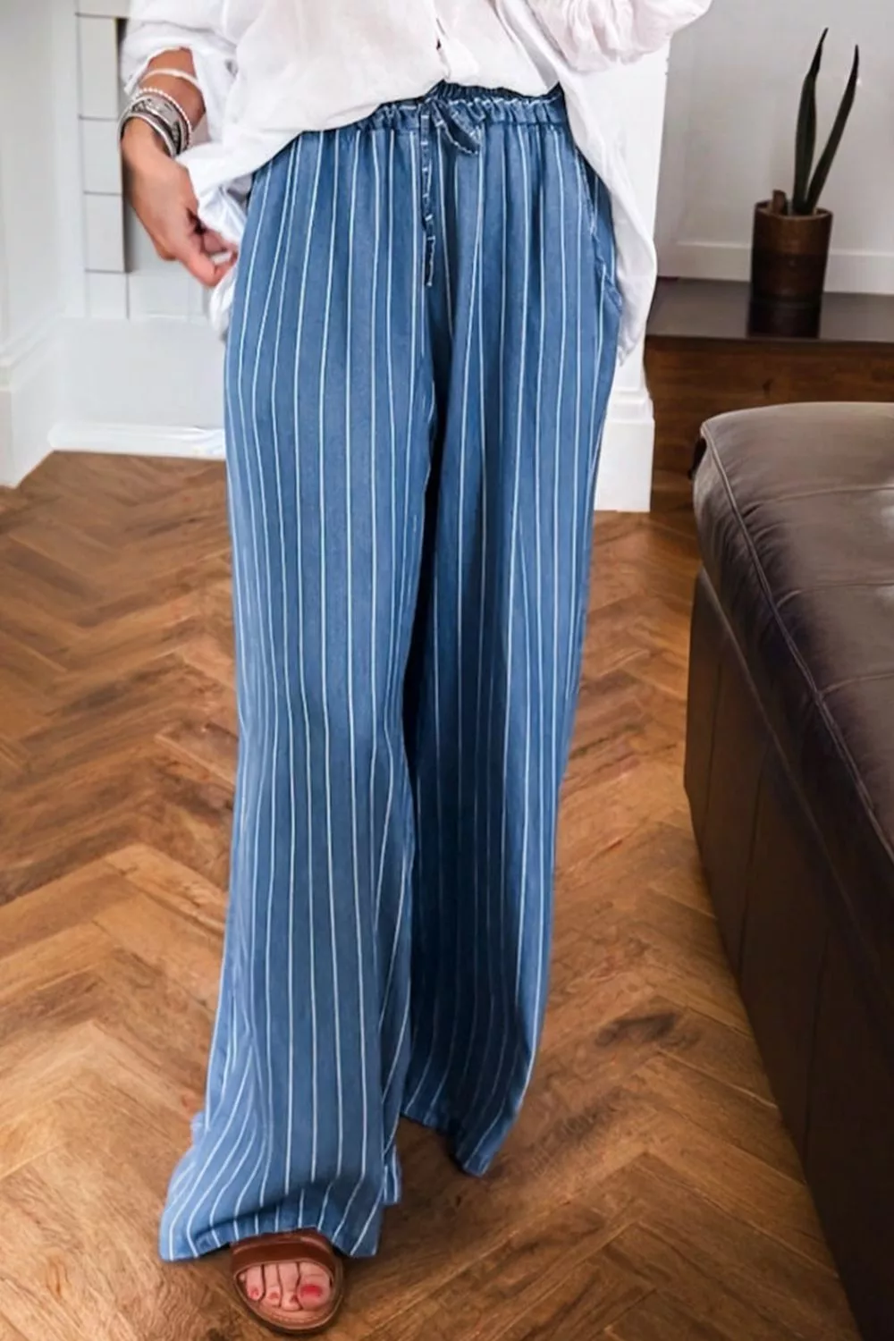 Stripe Chambray Wide Leg Tied Elastic Waist Jeans