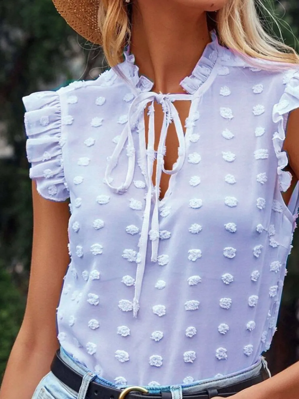 Frill Tie Neck Cap Sleeve Blouse, image 3