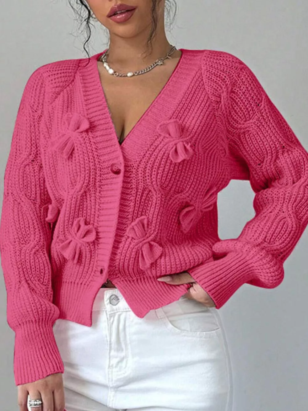 Bow Cable Knit V-Neck Cardigan, image 7
