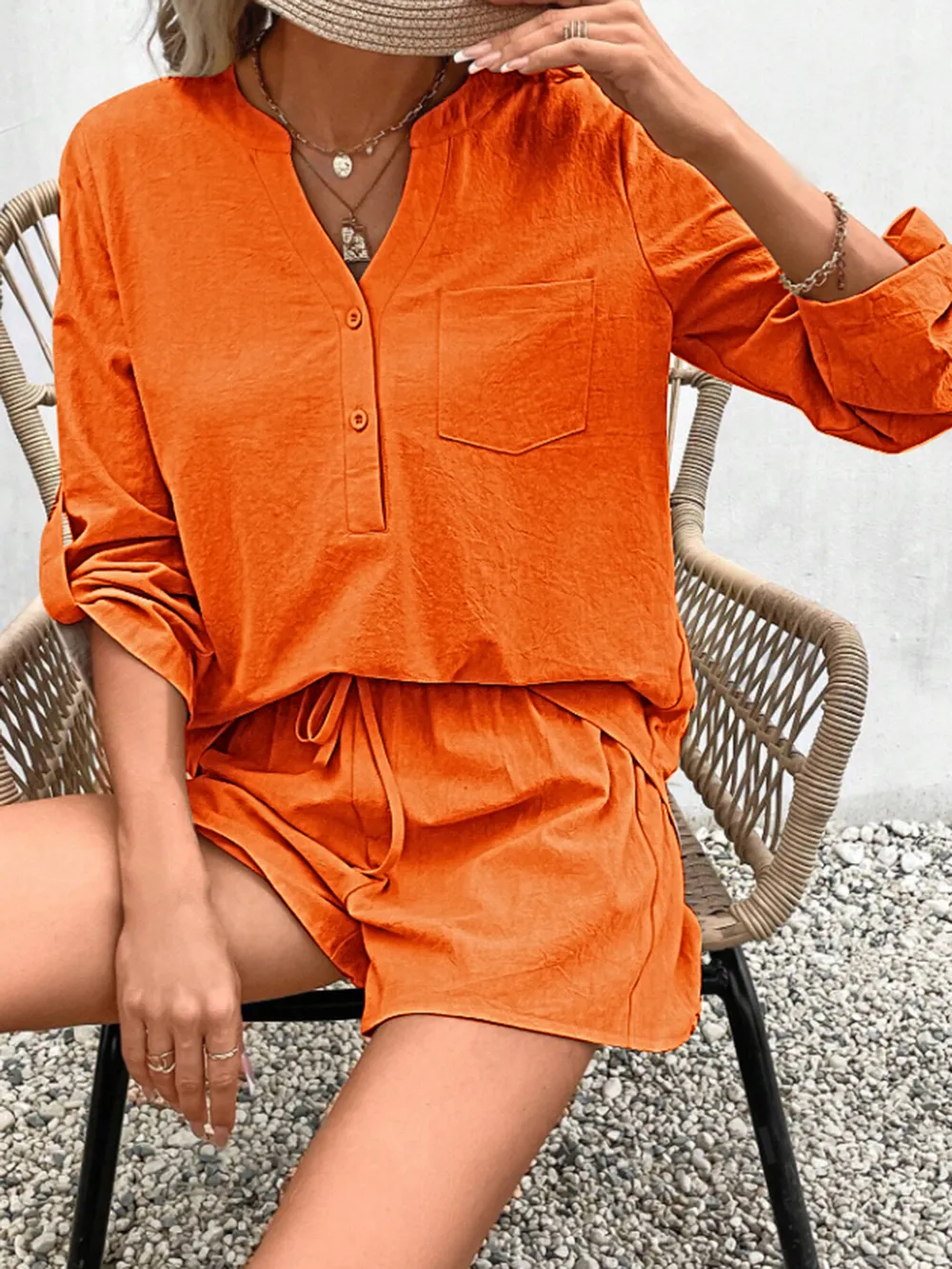 Notched Long Sleeve Top and Shorts Set, image 10