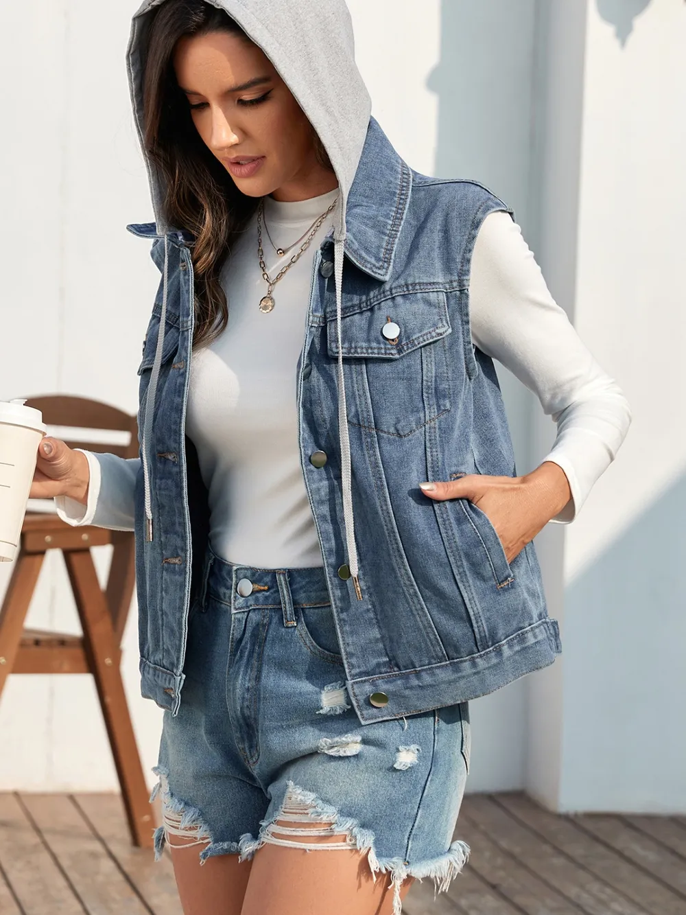 Pocketed Button Up Hooded Denim Jacket, image 8