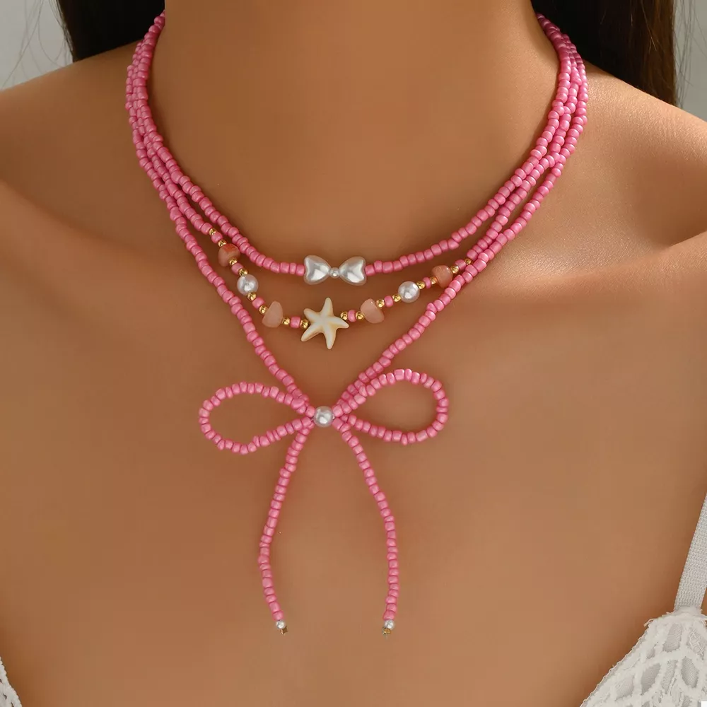 Beaded Three-Layered Necklace with Bow and Starfish Charms, image 2