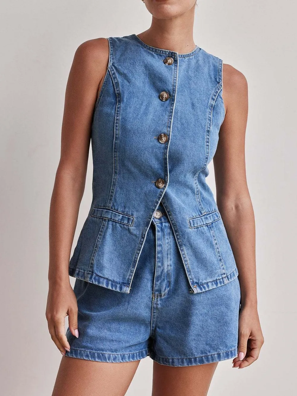 Button Down Vest and Shorts Denim Set, image 10
