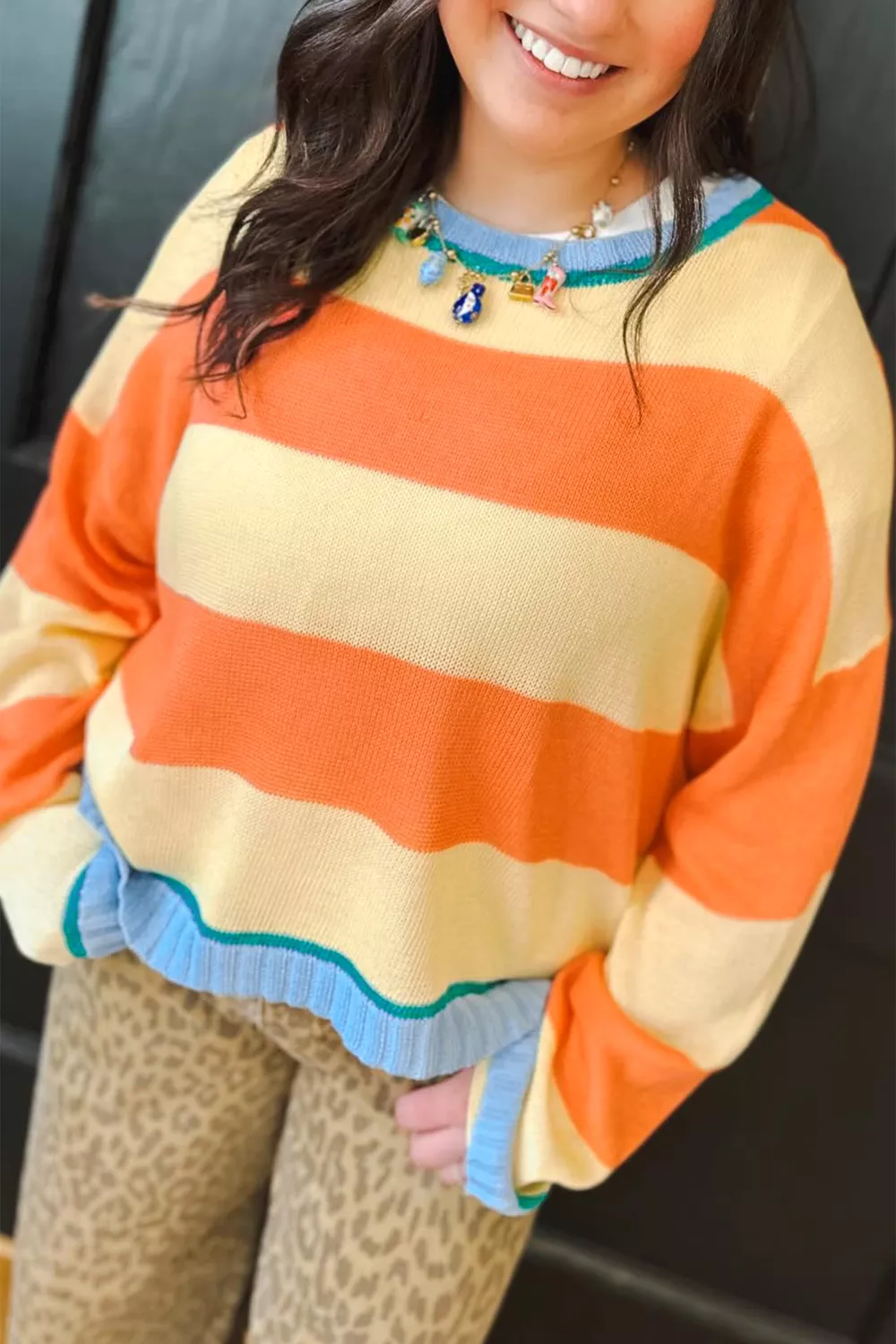 Plus Size Striped Color Block Round Neck Long Sleeve Oversized Sweater, image 2