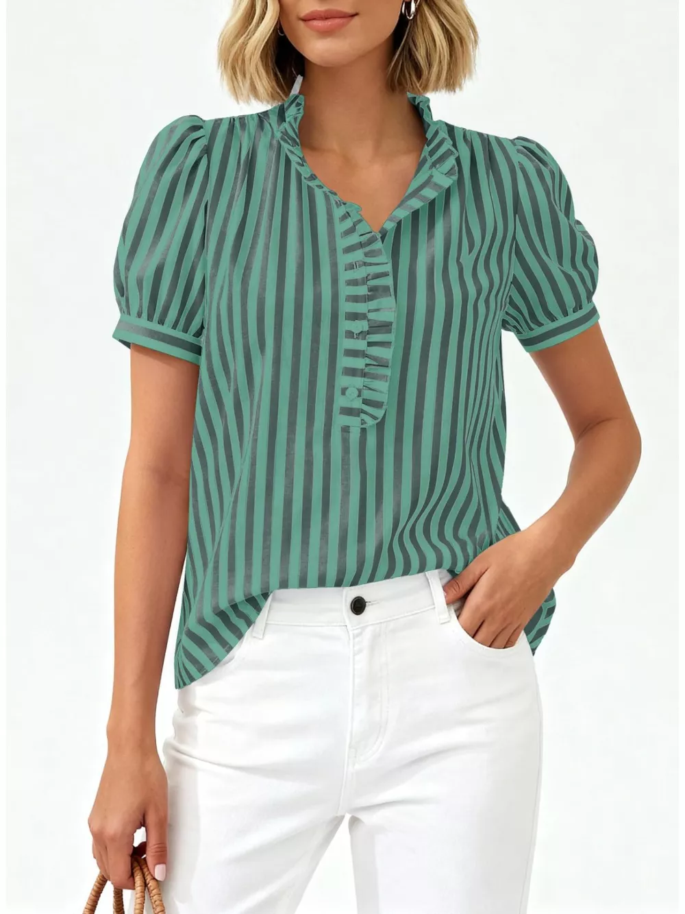 Frill Striped Puff Sleeve Blouse, image 12