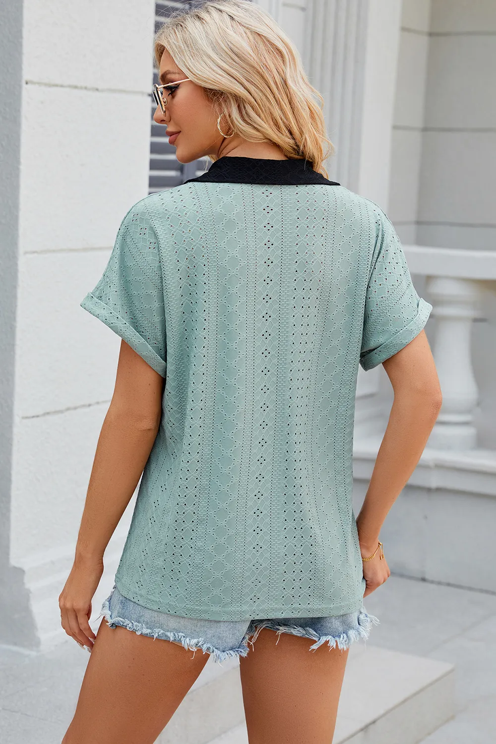Eyelet Johnny Collar Short Sleeve T-Shirt, image 3