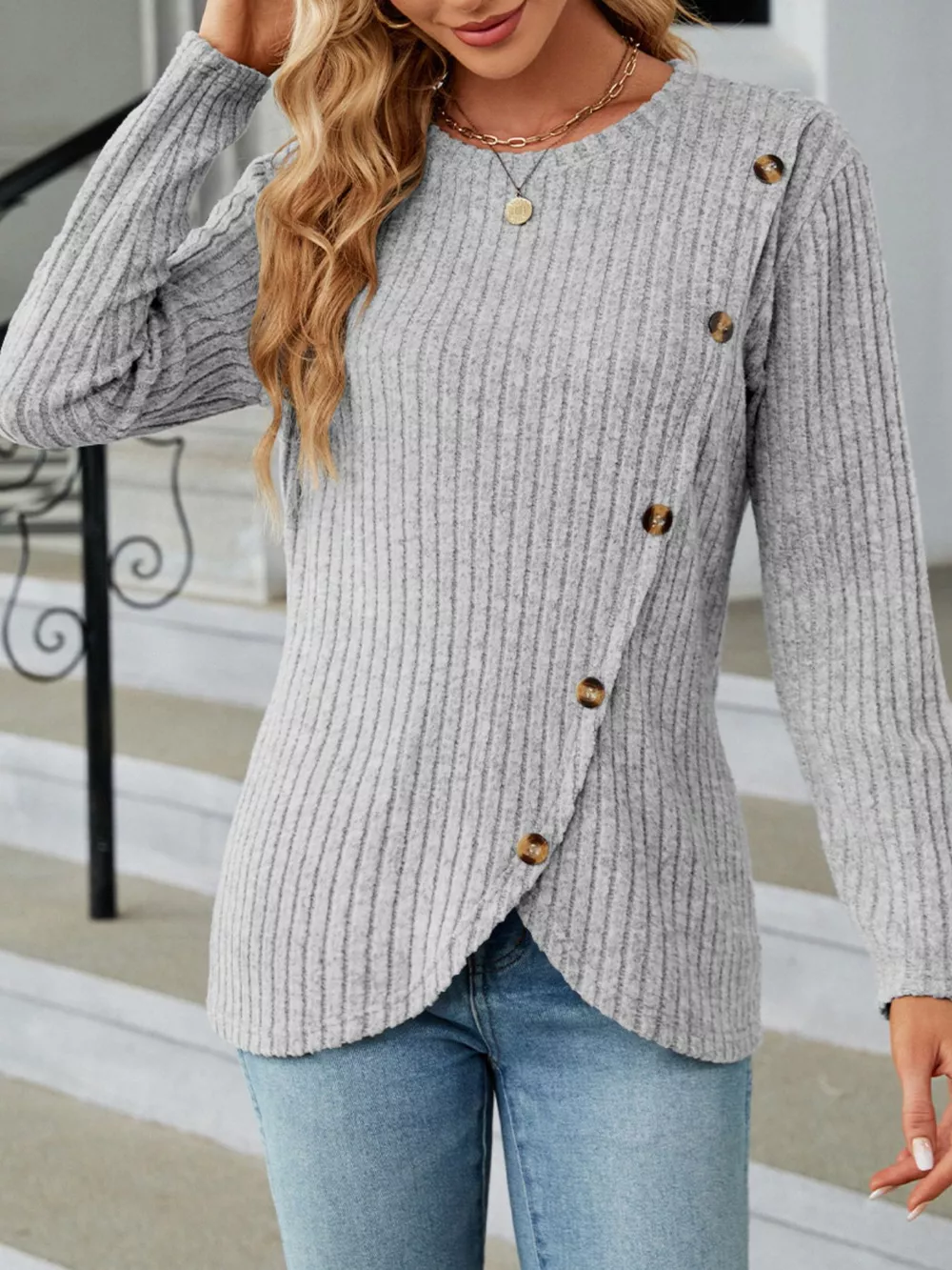 Ribbed Knit Decor Button T-Shirt, image 7