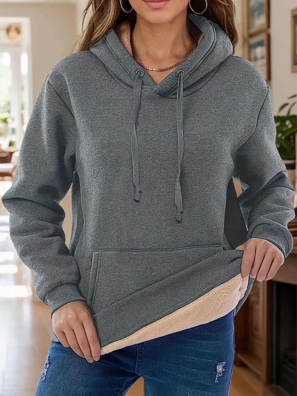 Drawstring Long Sleeve Hoodie with Kangaroo Pocket, image 5