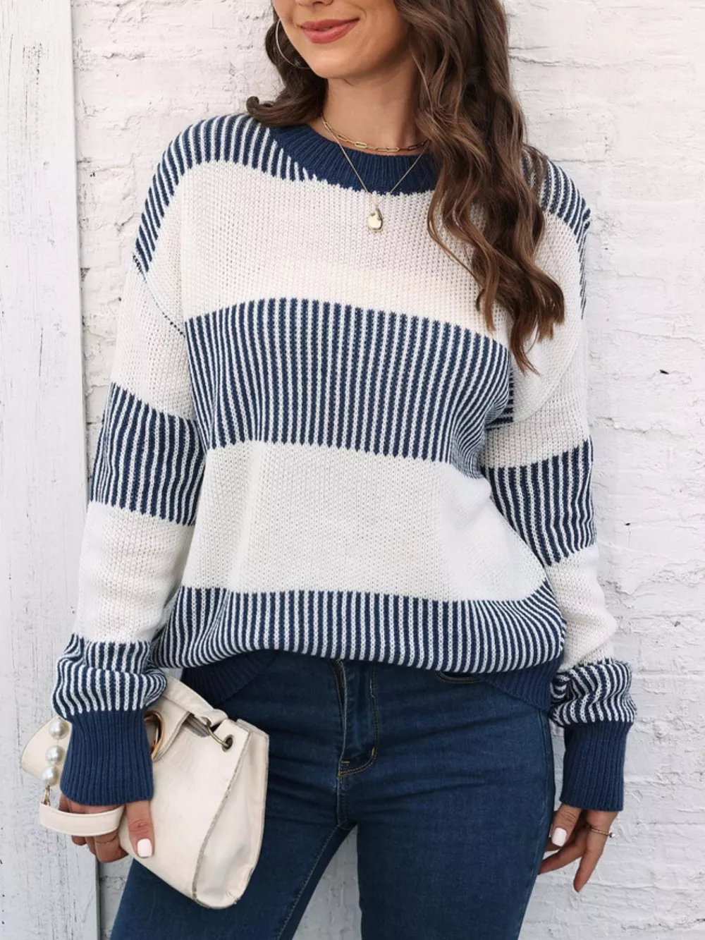 Full Size Color Block Dropped Shoulder Sweater Plus Size, image 7