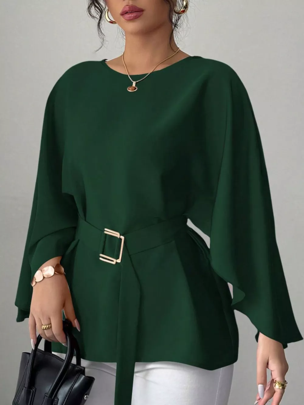 Round Neck Belt Batwing Sleeve Blouse, image 19