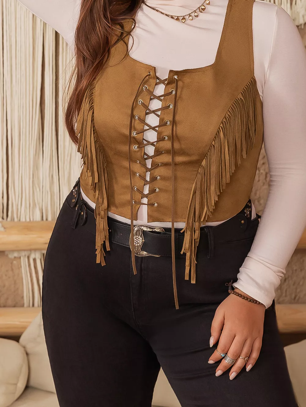 Plus Size Fringed Lace-Up Suede Vest, image 2