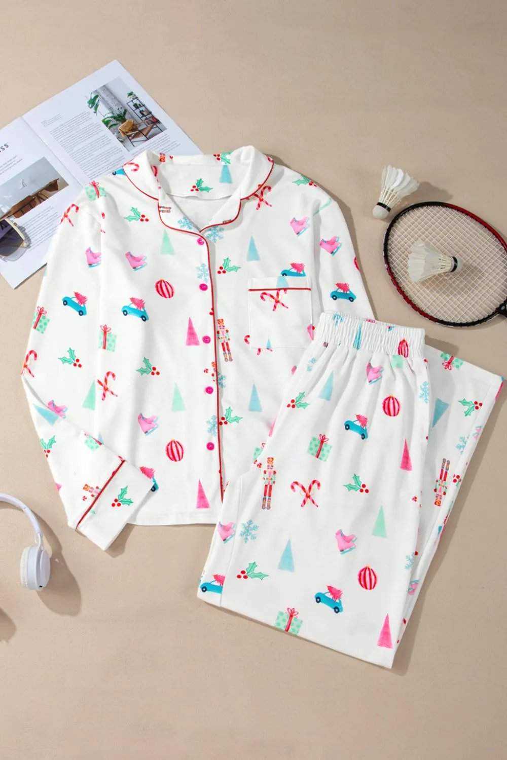 Christmas Printed Collared Neck Top and Pants Lounge Set, image 10