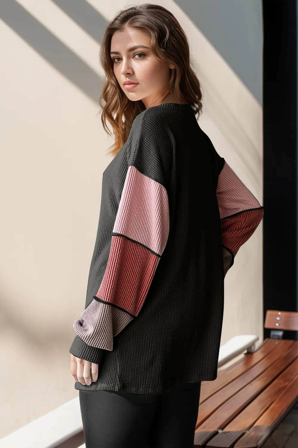 Full Size Color Block Round Neck Long Sleeve T-Shirt, image 3