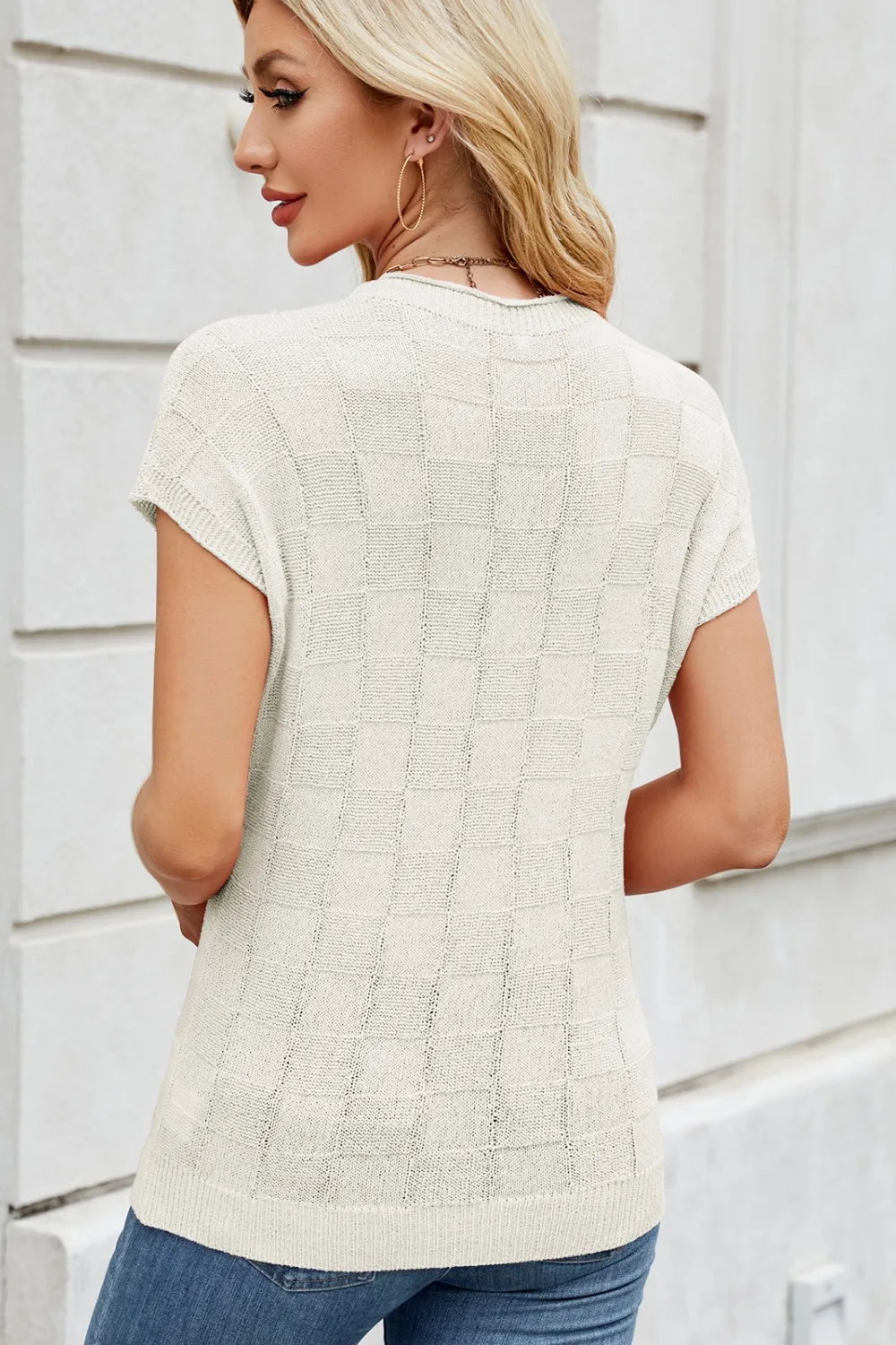 Checkered Round Neck Short Sleeve Knit Top, image 11