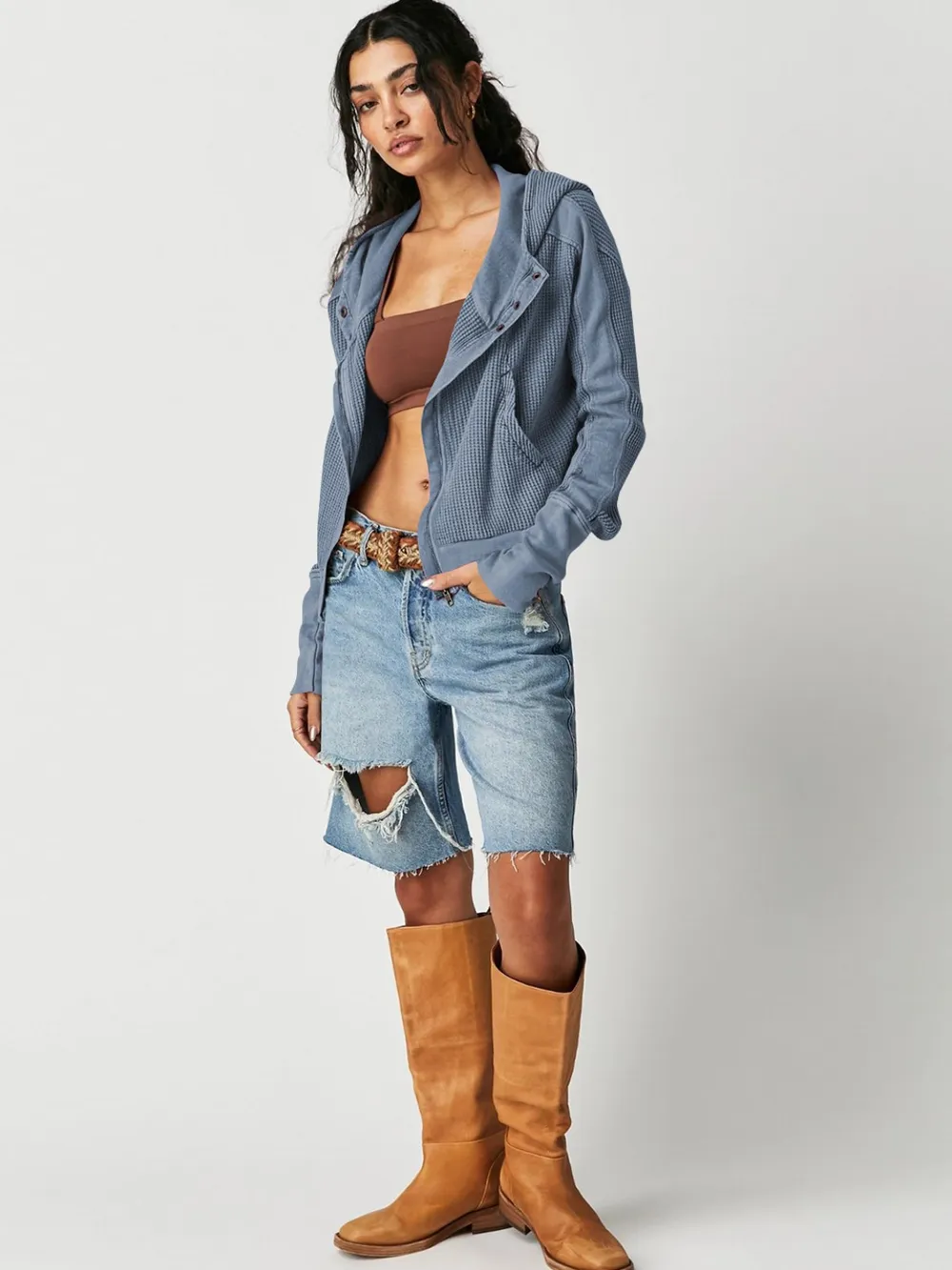 Waffle-Knit Dropped Shoulder Hooded Jacket, image 6