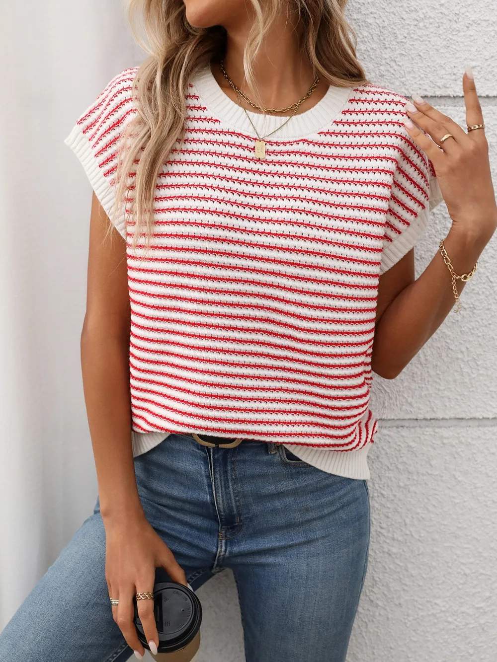 Striped Round Neck Short Sleeve Knit Top, image 12