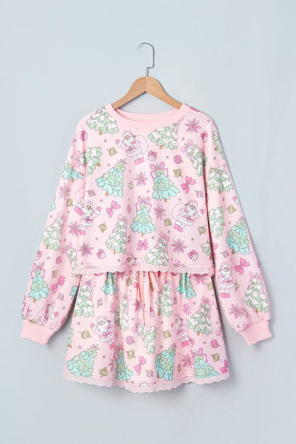 Floral Print Lace Trim Long Sleeve Top and Skirt Set, image 4