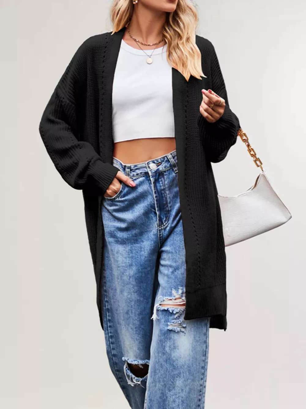 Open Front Openwork Knit Longline Cardigan, image 4