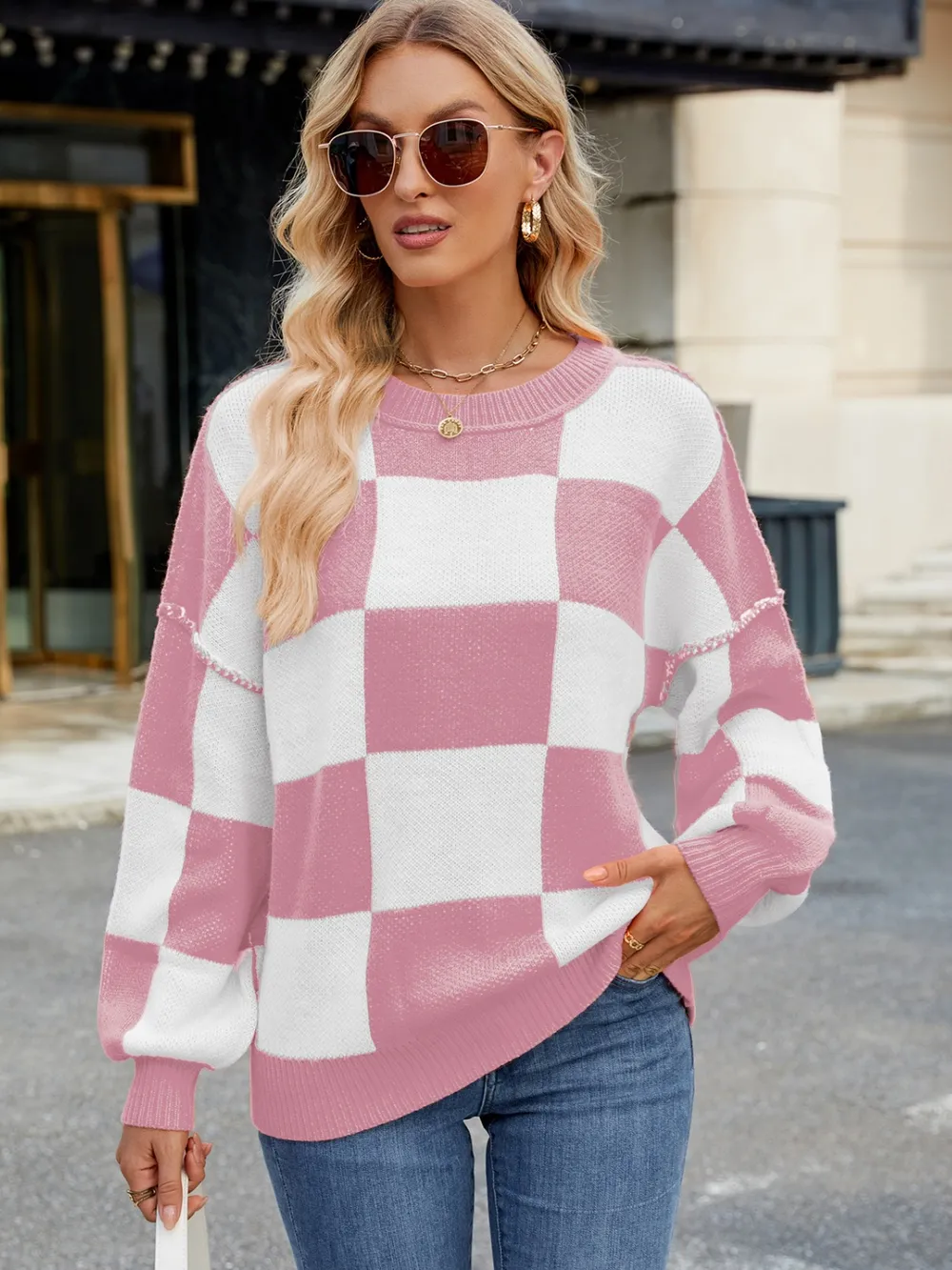 Checkered Round Neck Long Sleeve Sweater, image 13