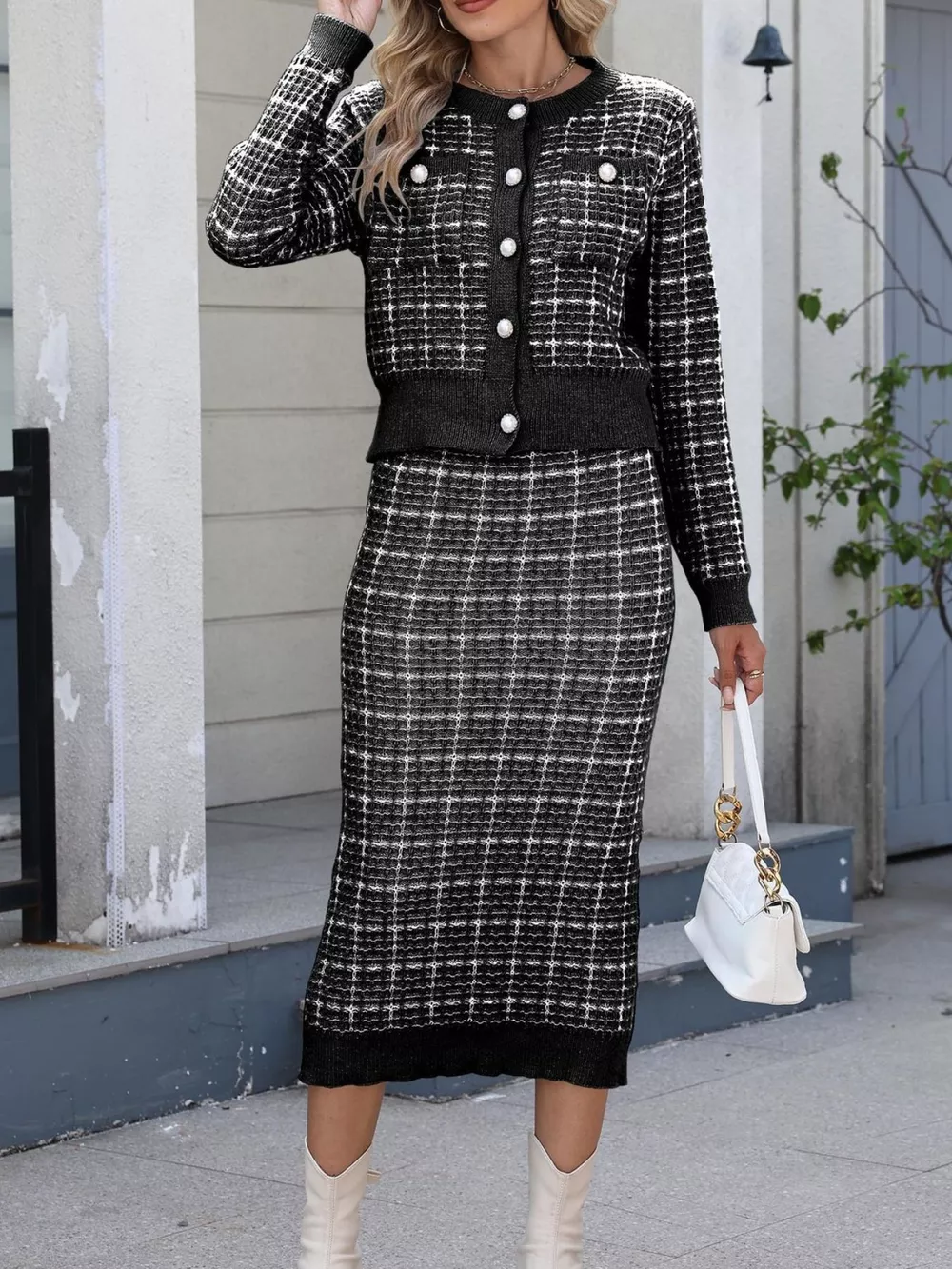 Plaid Knit Cardigan and Midi Skirt Sweater Set, image 10