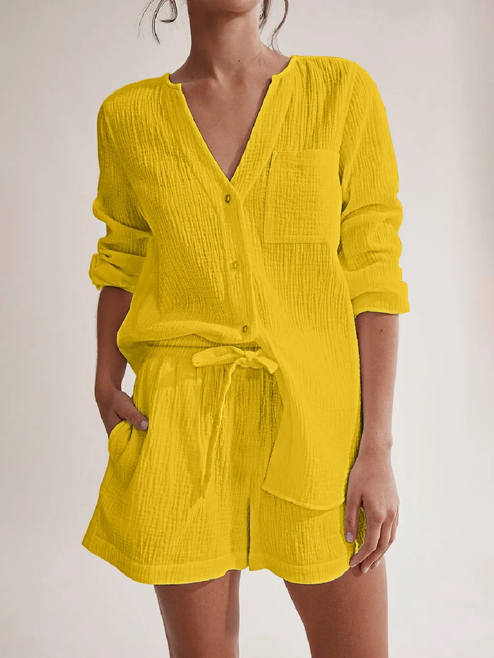 Notched Long Sleeve Top and Shorts Set, image 12