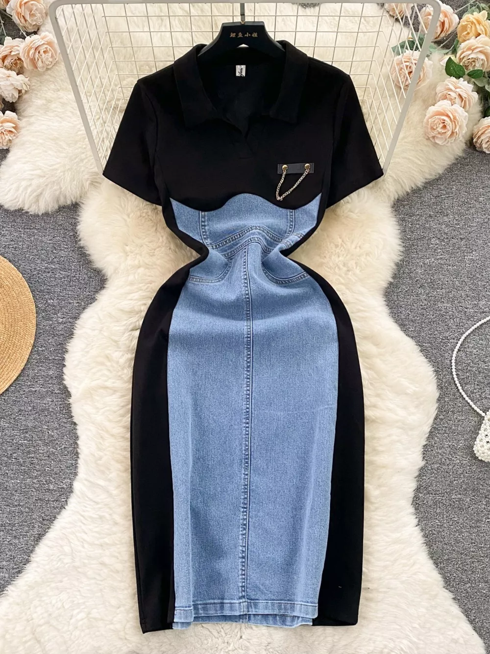 Full Size Color Block Denim Patchwork Bodycon Mini Dress Plus Size, image 2