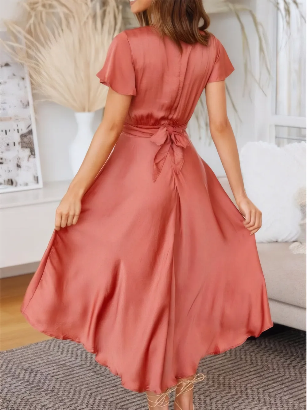 High-Low Plunge Flutter Sleeve Dress, image 4