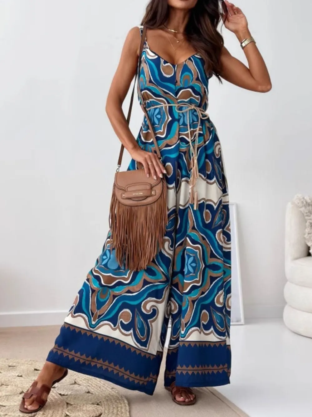 Paisley Print Spaghetti Strap Wide Leg Jumpsuit, image 13