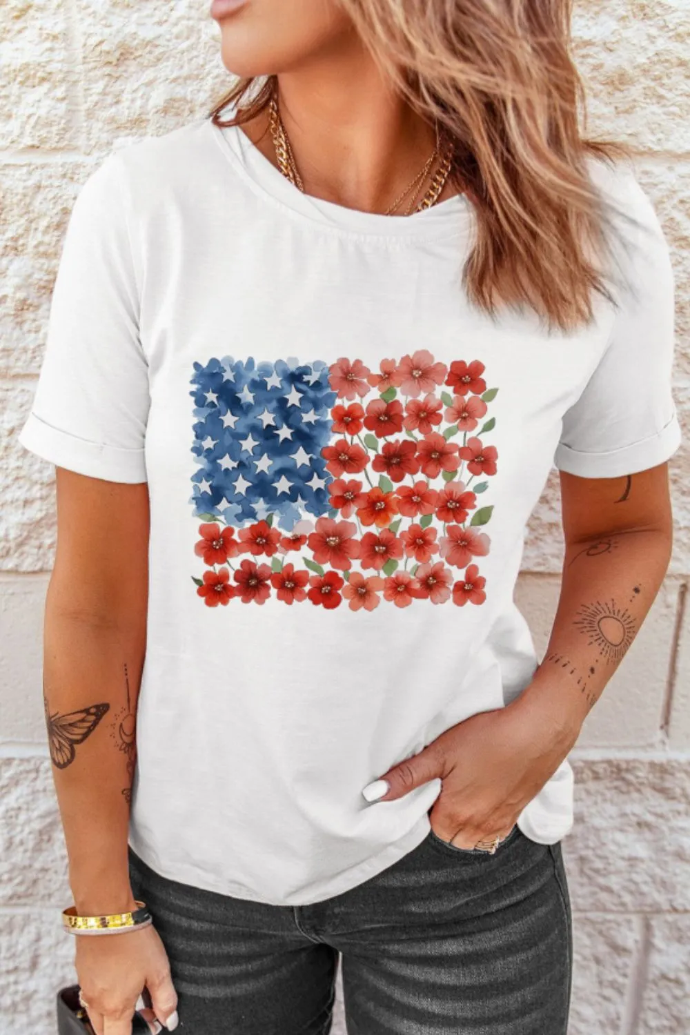 Star Floral American Flag Printed T Shirt, image 4