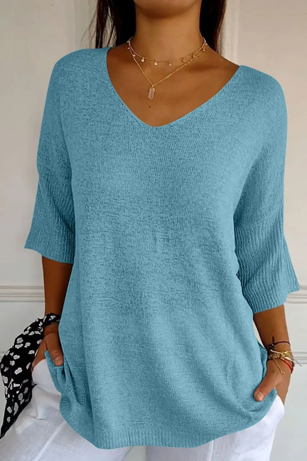 V-Neck Three-Quarter Sleeve Knit Top, image 10