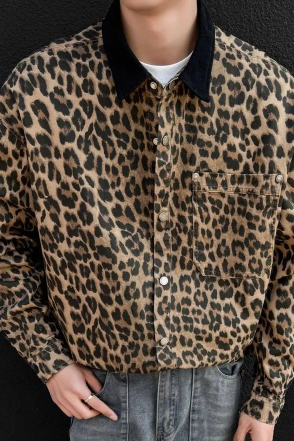Men's Plus Size Leopard Print Snap Down Shirt, image 4