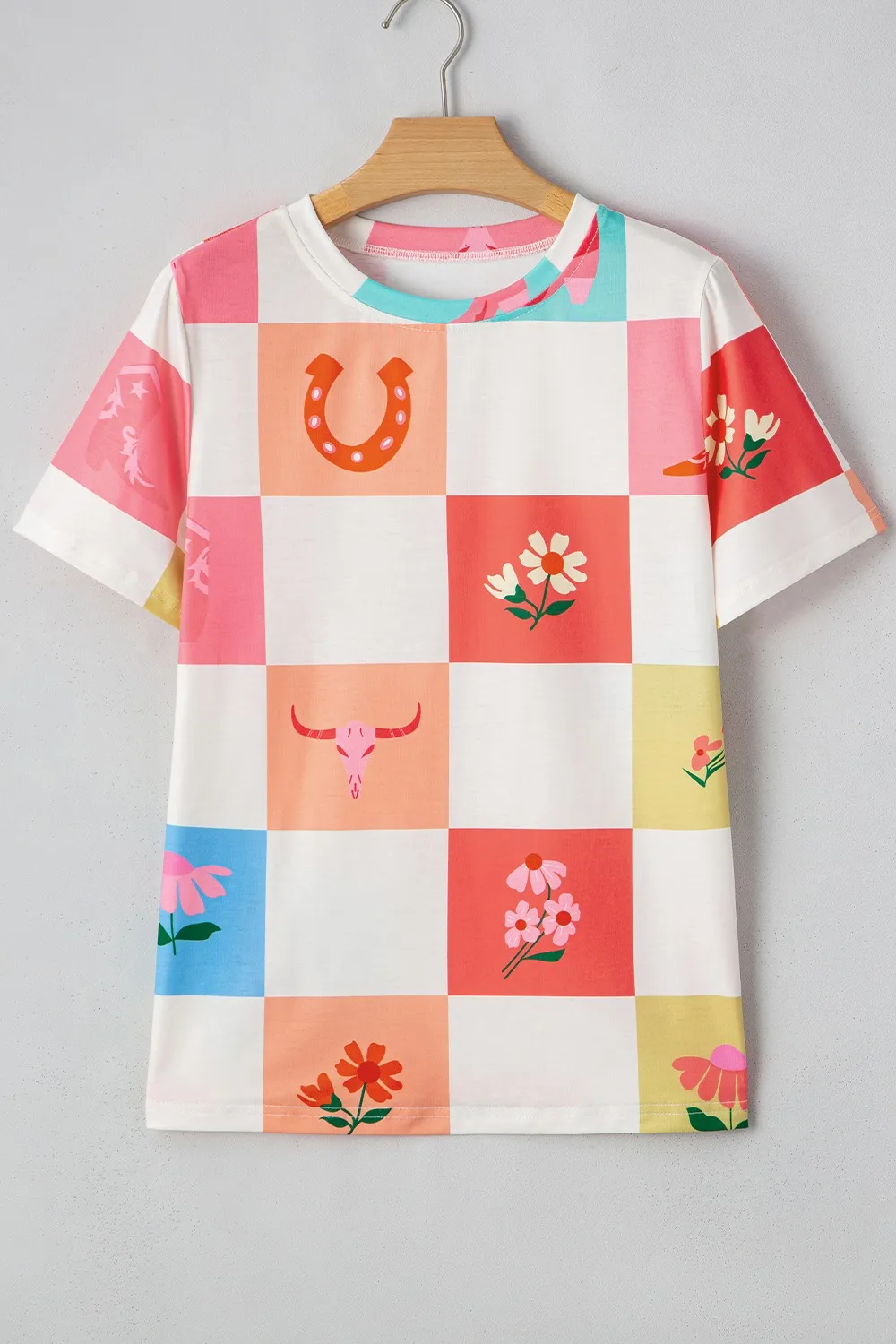 Checker Print Round Neck Short Sleeve T-Shirt, image 5