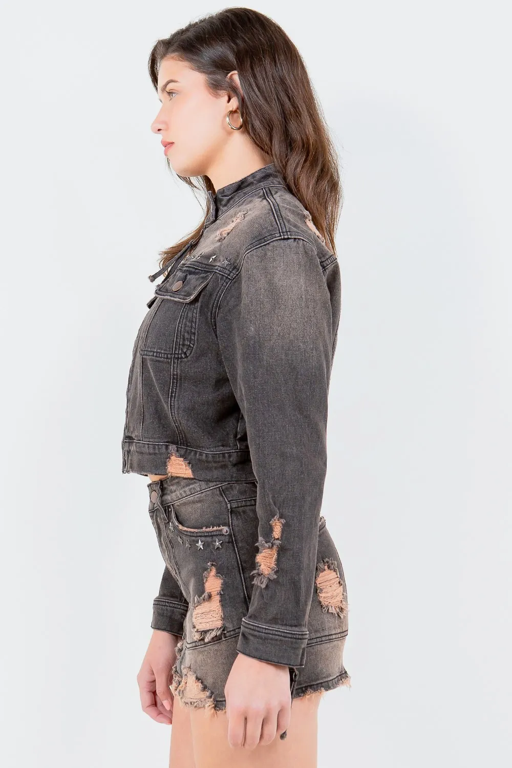 Full Size Distressed Star Stud Trim Denim Rider Jacket Plus Size, image 3