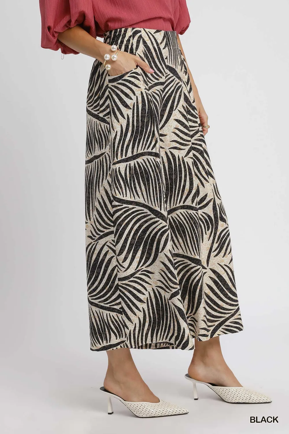 Palm Leaf Print Wide Leg Culotte Pants, image 3