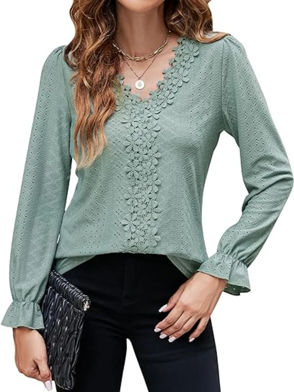 Lace Detail Eyelet V-Neck Flounce Sleeve Blouse, image 7