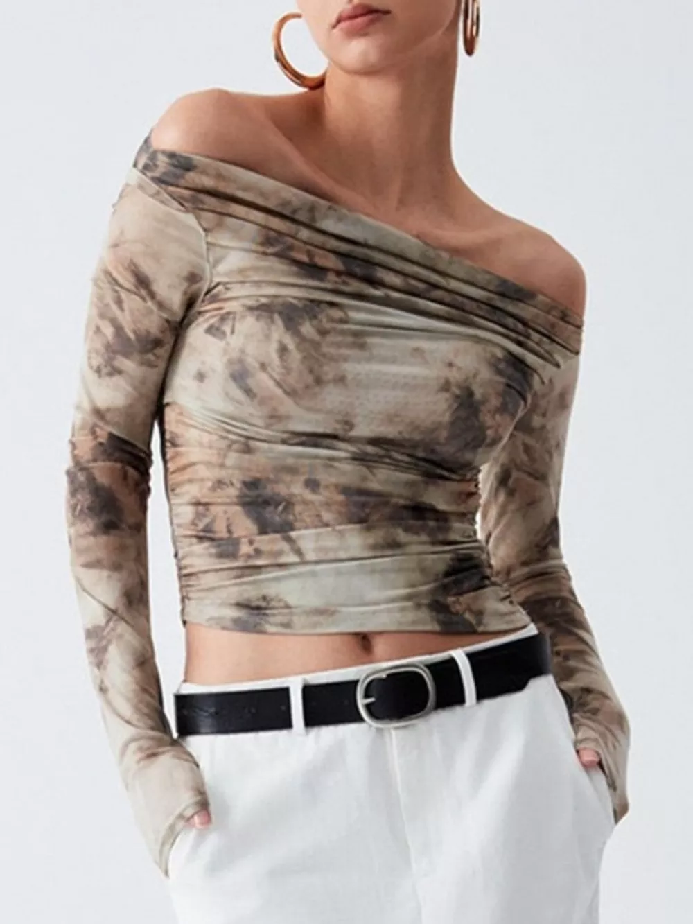 Tie-Dye Print Off-Shoulder Mesh Top, image 3